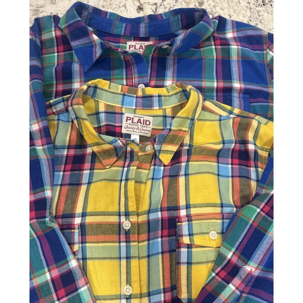2 Old Navy Green Blue Yellow Plaid Flannel Button Down Shirts Womans Xxl Spring